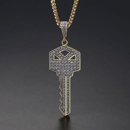 New Men's Key Style Pendant Necklace Ice Out Cubic Zircon Gold Colour Fashion Rock Street Hip Hop Jewellery With Chain For Gift2005