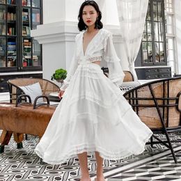 Casual Dresses 2021 Summer European Design Vintage White Boho High Waist Empire Lace Dress Luxury Backless Party Women Evening Ele2456