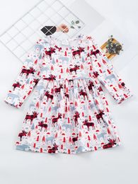 Girl's Dresses Girlymax Christmas Girls Christmas Tree Elk Print Long Sleeve Dress Kids Clothing 231007