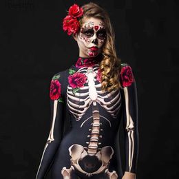 Theme Costume Unique Halloween Come Printed Jumpsuit with Rose Skeleton Design for Women CosplayL231007