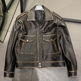 Women's Leather Lady Vintage Jacket With Big Pockets Genuine Sheep Coat