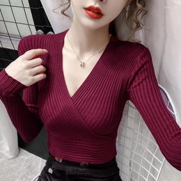 Women's Sweaters TuangBiang Spring Sexy V-Neck Women 2023 Ladies Solid Colour High Elasticity Short Sweater Female Slim Knit Red Jumpers