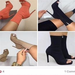 Stretch Knitting Fabric Fashion Sandals Ladies Toe Peep Ankle Boots Small Hole Hollow Out Breathable Dress Women High Heels Dance Shoes 273 54ZSXPr531