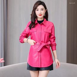 Women's Leather Women Shirt Style Jacket Spring Autumn Fashion Casual Turn-down Collar Lace-up Slim Coat Split