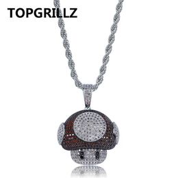 TOPGRILLZ Hip Hop Shiny Colourful Mushroom Pendant Necklace Charm For Men Women Gold Silver Colour Cubic Zircon Jewellery Rope Chain205s
