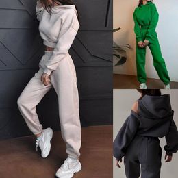 Women's Two Piece Pants Autumn/Winter Set Solid Colour Sports Umbilical Hooded Sweat Casual White Sweatshirt Sexy Femme 2023