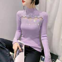 Women's Sweaters Autumn Winter Diamonds Women Fashion Patchwork Half Turtleneck Knitted Pullover High Elastic Slim Knitwear