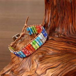 Charm Bracelets Handmade Chakra Bracelet Multicolor Natural Stone Tube Beads Leather Bangle Charms Wristband Jewelry Gifts2610