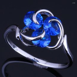 Cluster Rings Fascinating Three Stones Round Blue Cubic Zirconia Silver Plated Ring V0689