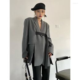 Women's Suits M-4Xl Streetwear Blazer Women Ribbon Slit Suit Jacket Korean Grey Oversized Coat Elegant Casual All Match Outwear Spring