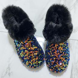 Boots Fur Shoes For Women 2023 Winter Warm Short Rubber Low Heel Woman Plush Snow Brand Slip-on Ankle Female Black