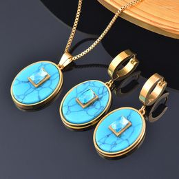 Pendant Necklaces SINLEERY Stainless Steel Oval Blue Stone Necklace For Women Gold Colour Link Chain On Neck Fashion Jewellery DL053