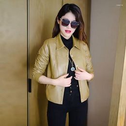 Women's Leather Office Lady Slim Jacket Turn-down Collar Single Breasted 2023 Autumn Fashion Simple Style