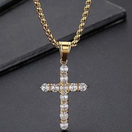 Chains Luxury Gold Plated Stainless Steel & CZ Cross Pendant Necklace For Men Women With 60CM Box Chain Men's Party Choker320z