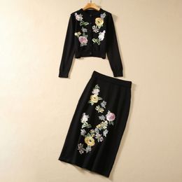 European and American women's clothing 2023 autumn new Long-sleeved floral embroidered sweater Knit skirt Fashion suit
