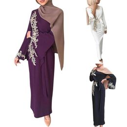 Women Muslim Dubai Abaya Long Sleeve Maxi Dress Floral Lace Beading Hijab Kaftan3197