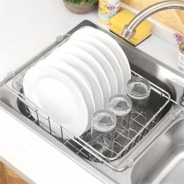 Kitchen Storage Adjustable Sink Dish Plate Drain Rack Expandable Drying Basket Home Fruit Vegetable Bowl Drainer Stainless Steel