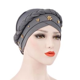 2020 Solid Cotton Turban Bonnet Caps Head Scarf For Muslim Women Beading Pearl Inner Hijabs Femme Musulman Wrap Turbantes250i