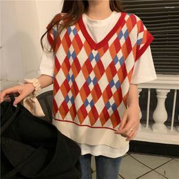 Women's Sweaters Colorful Argyle Plaid Print Vests Women Fall Casual Loose V-neck Straight Knit Sleeveless Female Streetwear Pullovers