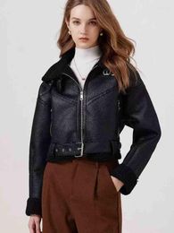 Women's Leather Women 2023 Autumn Fashion Motorcycle Short Lapel Jacket Retro Long Sleeve Chic Zipper Side Pocket Casual Top Outerwear Mujer