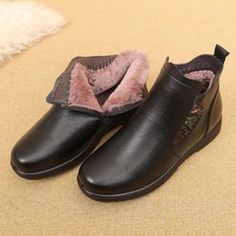 Boots Winter Shoes Women Genuine Leather Black Ankle Thick Plush Warm Snow Mother Waterproof Non-slip Booties