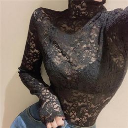 Women's Blouses Basic Top Stretchy Bottoming See-Through Fashion Women Sexy Lace Hollow Out Blouse Daily Clothing