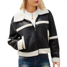 Women's Sweaters Winter Coat Lapel Collar Long Sleeve Padded Leather Jacket Vintage Thicken Sheepskin