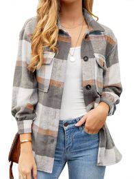 Womens Jackets Brushed Plaid Shirts Long Sleeve Flannel Lapel Button Down Pocketed Shacket Jacket Coats 231007