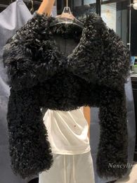 Women's Fur European Street Environmental Protection Coat Women Short Lamb Coats Sailor Collar Furry Top Fashion Black 2023