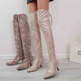 Hbp Nxy Thigh-high Women Boots Leather Women Large Pointed Knee High Heels Fashion Slim Legs Elastic Woman Shoes 220726