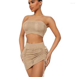 Work Dresses Knitted 2 Piece Sets Women Outfits 2023 Summer Tube Top And Mini Skirt Sexy Hollow Out Beach For Cover-up