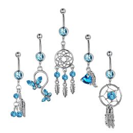 Sexy Dangling Navel Piercing Belly Button Ring Stainless Steel Bar Crystal Blue Zircon for Woman Girls Drop Body Jewelry LL