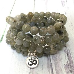 MG0584 Natural Labradorite 108 Mala Women's Necklace 8 mm Gemstone Ohm Charm Bracelet Personal Power Yoga Bracelet225D