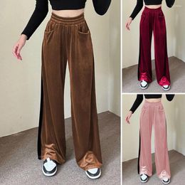 Active Pants Solid Color Cozy Wide Leg Women's Winter Elastic Waist Soft Warm With Pockets For Sports Wear Women Long