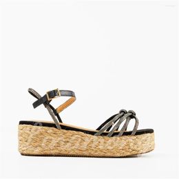 Black 598 Sandals Rhinestone Knotted Espadrilles Leather Buckle Suede Luxurious Style Summer Shoes Platform Raffia Wedge