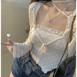 Women's Blouses Women Shirt Bandage Lace Sexy Sling Vest Outfits Fashion 2 Piece Set Korean Summer Temperament Suit 2023 Ropa Mujer