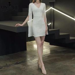 Party Dresses Short White Evening Sequin Long Flare Sleeves Sheath Gown V Neck Knee Length Formal Dress Glitter 2022Party243x