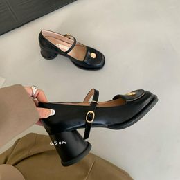 Exquisite dress shoes Mary Jane simple female fashion designer high heels elegant British style small leather shoes with solid Colour trend chunky heels