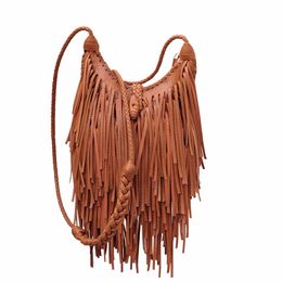 Double Sided Tassel Design Women Crossbody Bags vintage Soft PU Leather female Shoulder Bag manual Weave messenger Sling bag