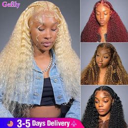 Synthetic s 613 Deep Wave Human Hair 13x4 Lace Frontal Honey Blonde 13x6 Transparent 427 99J Curly Remy Water 231007
