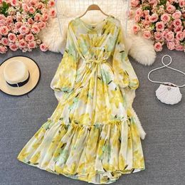 Casual Dresses Autumn Women Floral Chiffon Midi Dress Bohemian Flower Printed Ruffles Vestido Elegant Puff Long Sleeve Loose Robe 220L