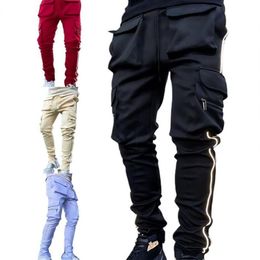 Men's Pants S Cargo Multi Pockets Reflective Strip Men Stretchy Drawstring Trousers For Sports271p