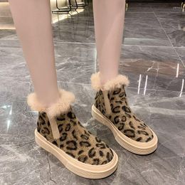 Boots 2023 Autumn Winter Leopard Snow Women Letter Printing Flat Sole Ankle Shoes Female Thick Bottom Faux Fur