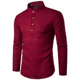 Fashion-Solid Casual Linen Men Shirts Mens Long Sleeve Dress Shirts Cotton Shirt Men Shirt Plus Size Slim Fit Homme250V