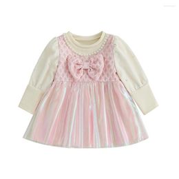 Girl Dresses 2023 Autumn Toddler Baby Dress Long Sleeve Bow Patchwork A-line Daily Party Clothes