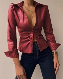 Women's Blouses 2023 Summer Temperament Commuting Casual Shirt Turn Down Collar Long Sleeve Daily High Stretch Pu Leather Button