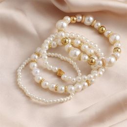 Charm Bracelets KADRUFI 4Pcs Gold Color Heart Beads Pearl Beaded Elastic Bracelet Set For Women Vintage Bohemian Party Jewelry Gift