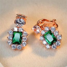 Clip-on & Screw Back Luxury Female Crystal Green Clip Earrings Charm Rose Gold Silver For Women Blue Red Zircon Stone Wedding298K