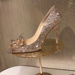 Dress Shoes Selling Champagne Rhinestone Pumps Women Pointed Toe Thin Heels Crystal Wedding Bride Ladies Party