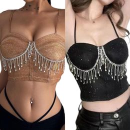 Women's Tanks Y2K Bling Sling Vest Spaghetti Strap Backless Women Tops Rhinestone Tassel Fashion Off Shoulder Neck Party Clubwear